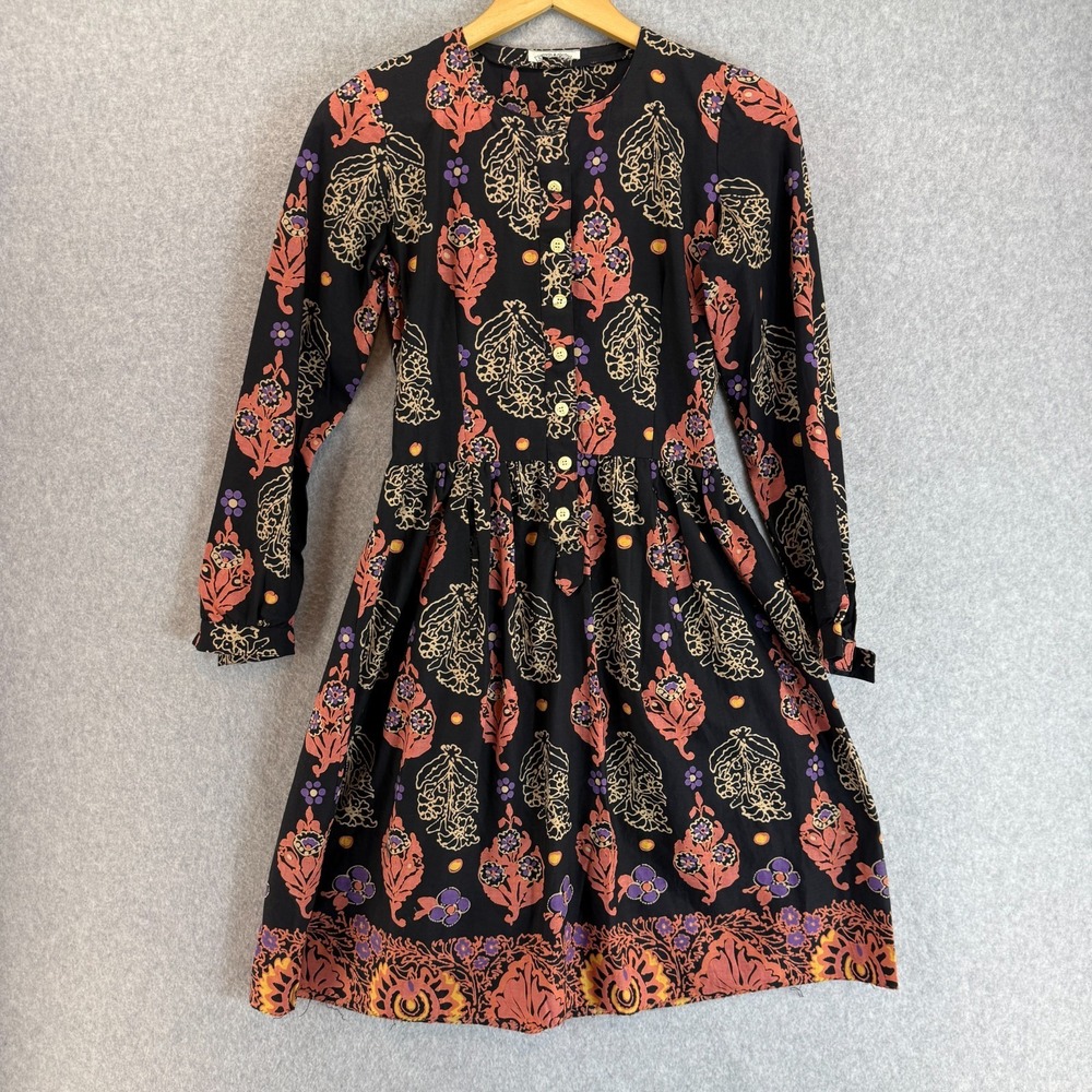 Shirt Dress Pockets Black Coral Purple Knee Length Boho Floral Long Sleeve XS 0